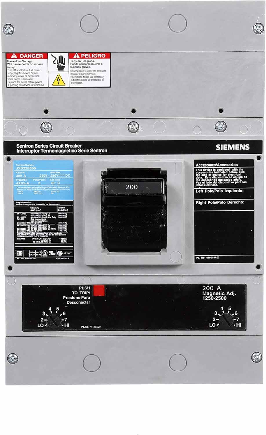 JXD22B200L - Siemens 200 Amp 2 Pole 240 Volt Feed Thru Molded Case Circuit Breaker